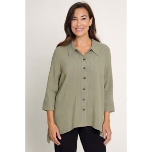 Habitat Large Blouse Top Striped Crinkle Button Down Boho Minimalist Green Black